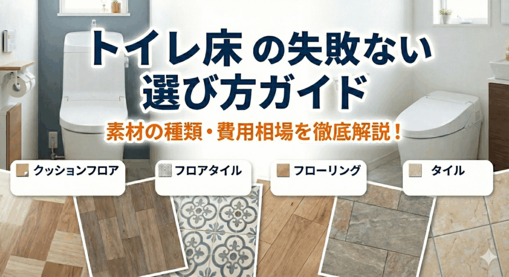 トイレ床の失敗ない選び方ガイドのアイキャッチ画像。「素材の種類・費用相場を徹底解説！」というサブタイトルの下、クッションフロア、フロアタイル、フローリング、タイルの4種類の床材サンプル写真と、それぞれの名称が書かれたラベルが並んでいる。背景には清潔感のあるトイレの施工例が写っている。