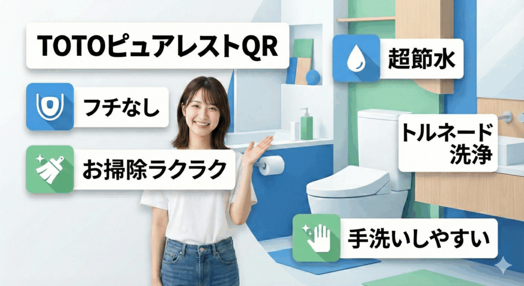 TOTOピュアレストQRへのトイレリフォームを紹介するマテリアルデザインのアイキャッチ画像。笑顔の女性が、フチなし、お掃除ラクラク、超節水、トルネード洗浄、手洗いしやすいといった主要機能をアイコンと共に案内している。